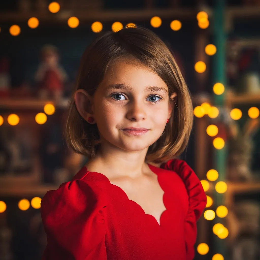Portret dziewczynki w czerwonej sukience, w tle świąteczne lampki.